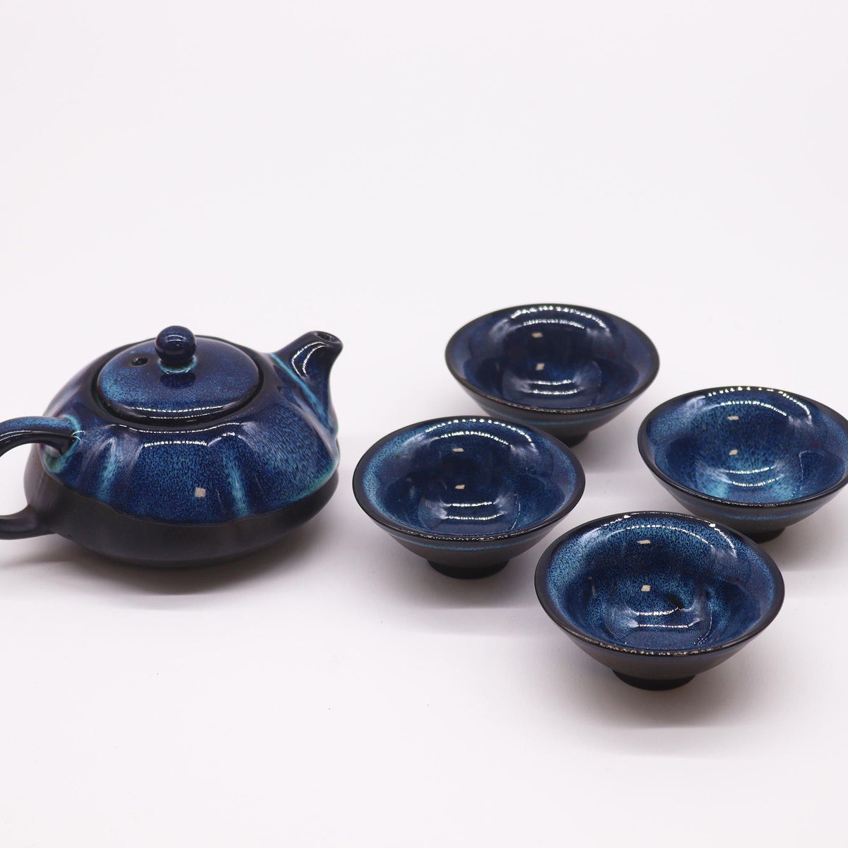 Blue Glaze Ceramic Tea Set — Teapot & 4 Cups | Gongfu Style
