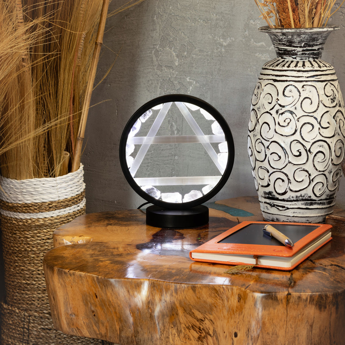 Air Element Gemstone Halo Lamp | Clear Quartz & Selenite | Alchemical Symbol | USB | Zen Spirit