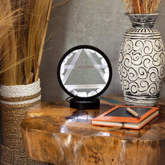 Air Element Gemstone Halo Lamp | Clear Quartz & Selenite | Alchemical Symbol | USB | Zen Spirit
