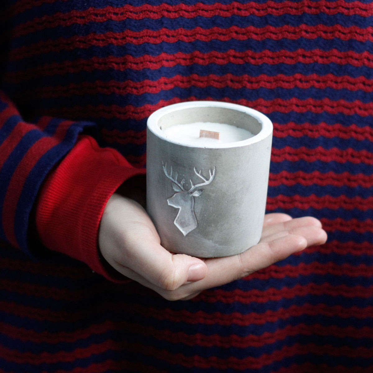 Whiskey & Woodsmoke Concrete Candle | Wooden Wick | Stag Head | Medium Pot | Amber & Calm