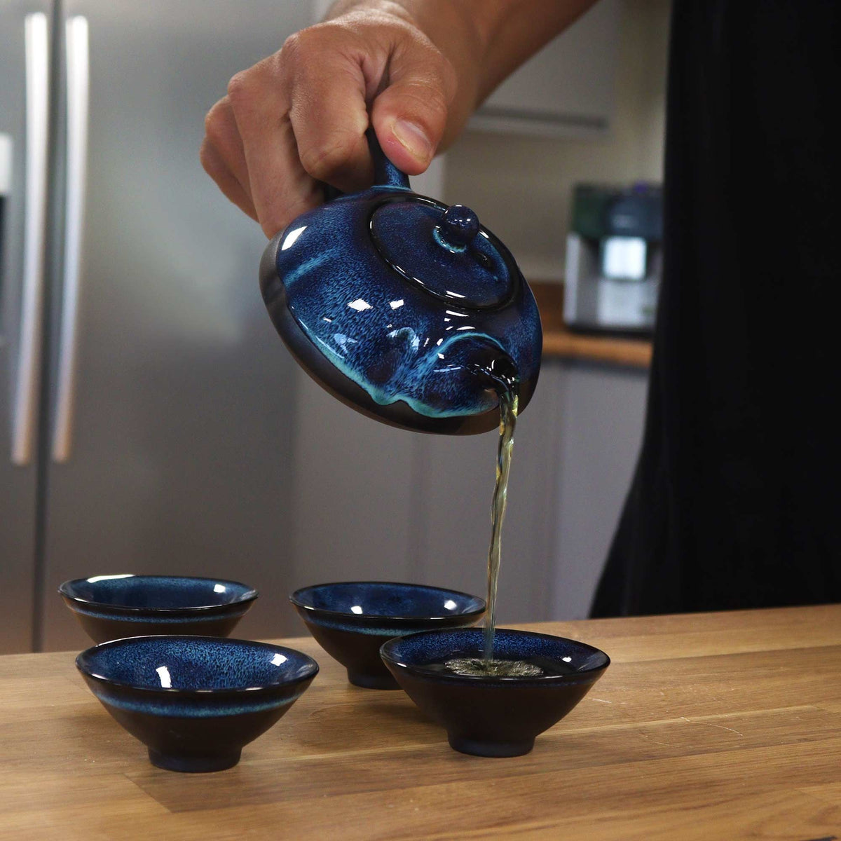 Blue Glaze Ceramic Tea Set — Teapot & 4 Cups | Gongfu Style