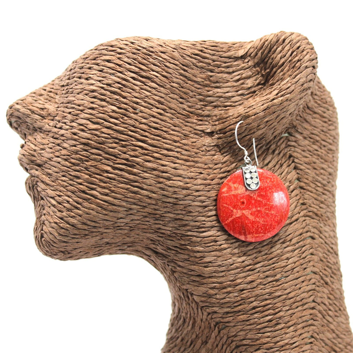 925 Silver Disc Décor Earrings — Coral Resin | Handmade in Bali