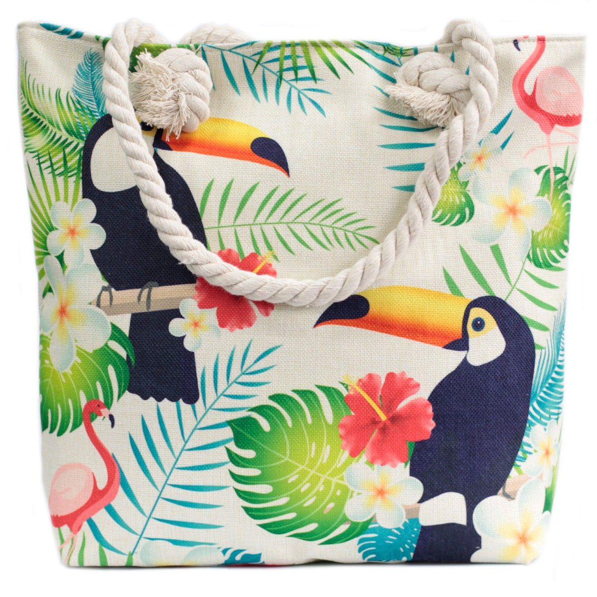Rope Handle Tote Bag | Tropical Toucan Print | Canvas Beach & Shoulder Bag