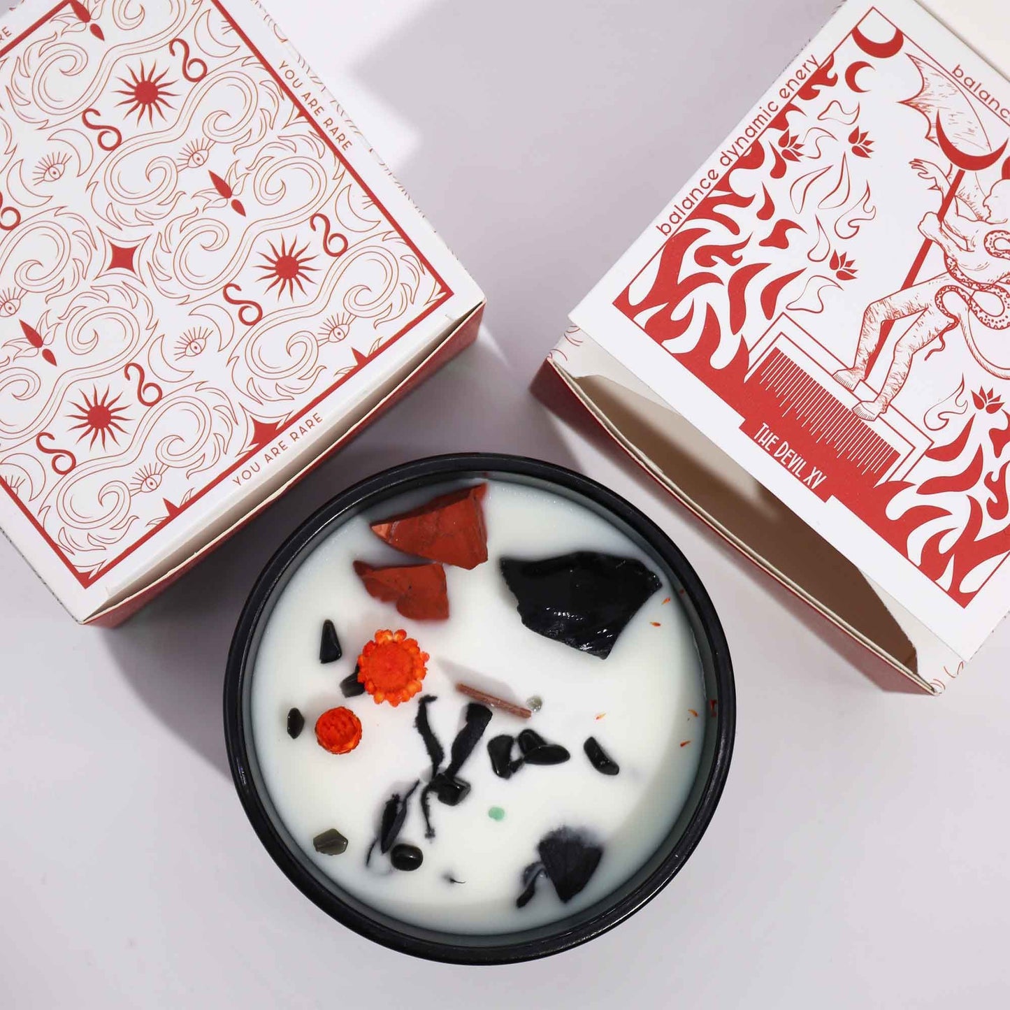 The Devil Crystal Magic Candle | Blooming Inferno | Red Jasper & Black Agate | Dark Tarot Halloween Gift