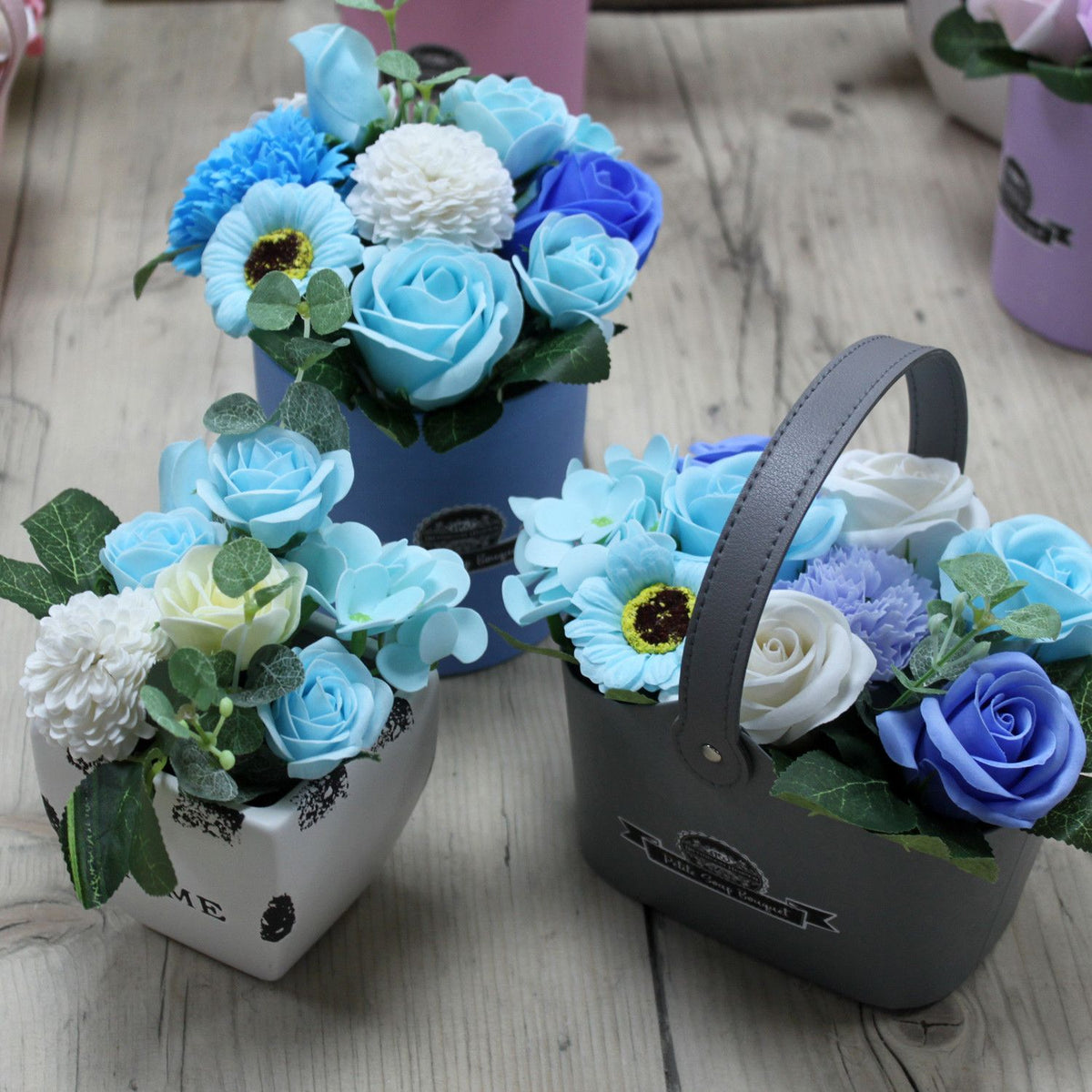 Soap Flower Bouquet Gift | Soothing Blues Basket | Bath Flowers | Roses, Hyacinth & Carnation