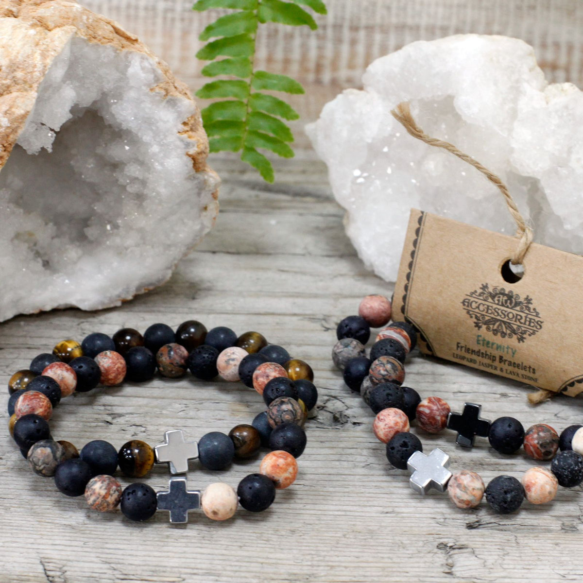 Gemstone Friendship Bracelets — Leopard Skin Jasper & Lava Stone | Eternity | Set of 2