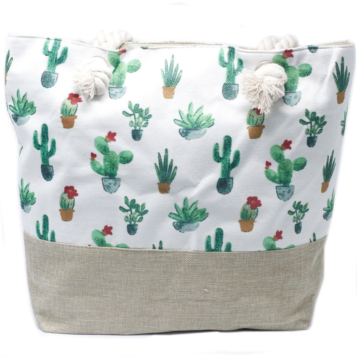 Rope Handle Tote Bag | Mini Cactus Print | Canvas Beach & Shoulder Bag