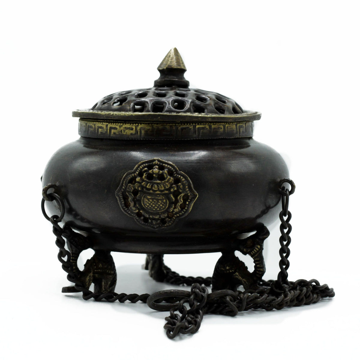 Large Brass Tibetan Four Symbol Hanging Pot Burner | Incense & Resin | Spiritual Home Gift