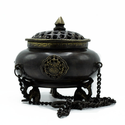 Large Brass Tibetan Four Symbol Hanging Pot Burner | Incense & Resin | Spiritual Home Gift
