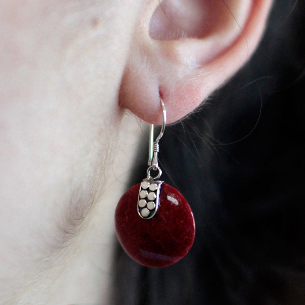 925 Silver Disc Décor Earrings — Coral Resin | Handmade in Bali