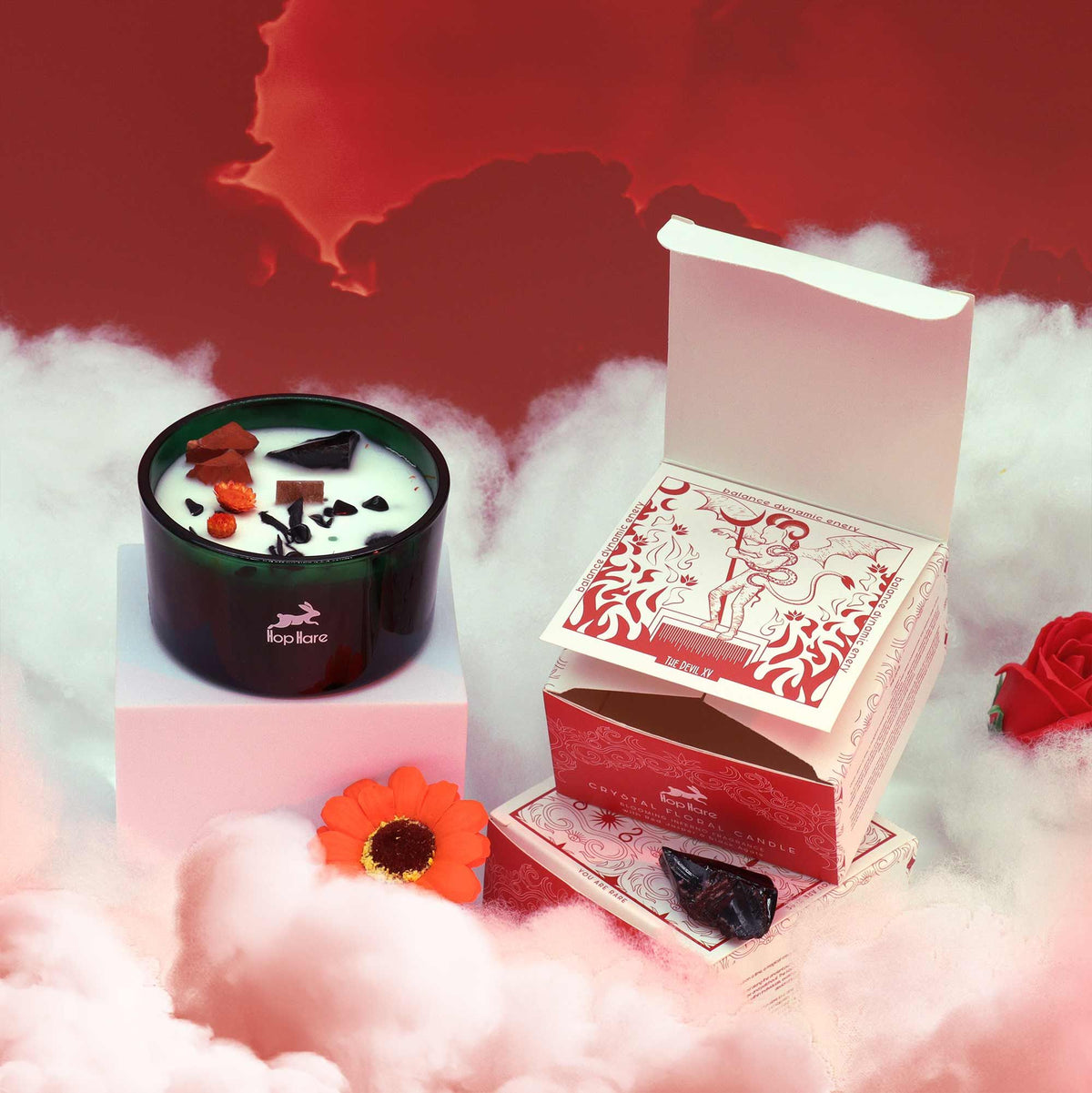 The Devil Crystal Magic Candle | Blooming Inferno | Red Jasper & Black Agate | Dark Tarot Halloween Gift