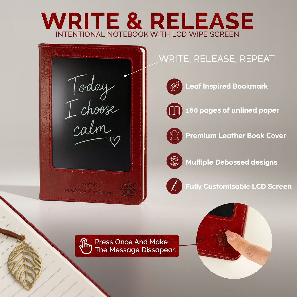 A5 Intention Notebook | LCD Wipe Screen & 80 Lined Pages | Red Leather Effect | Journaling Gift