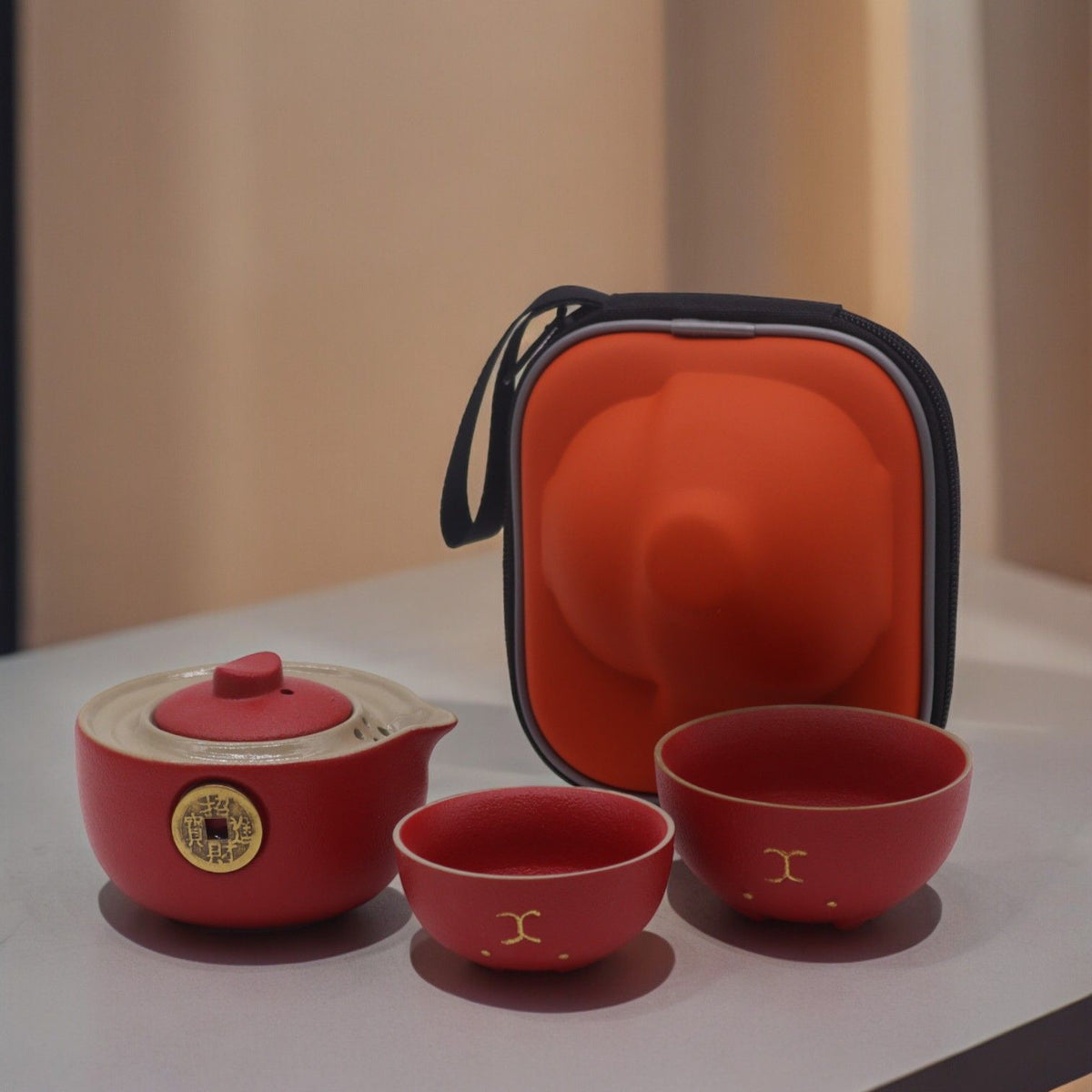 Lucky Cat Ceramic Tea Set — Teapot, 2 Cups & Travel Case | Red