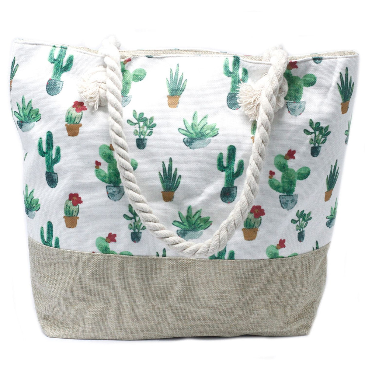 Rope Handle Tote Bag | Mini Cactus Print | Canvas Beach & Shoulder Bag