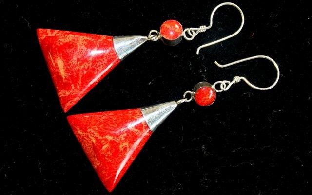925 Silver Triangle Double Drop Earrings — Coral Resin | Handmade in Bali
