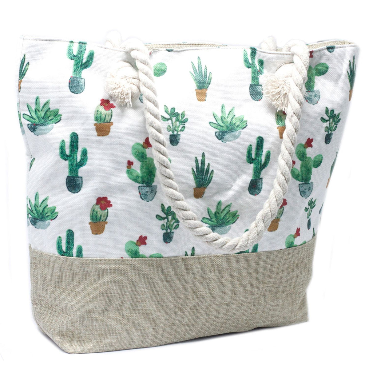 Rope Handle Tote Bag | Mini Cactus Print | Canvas Beach & Shoulder Bag