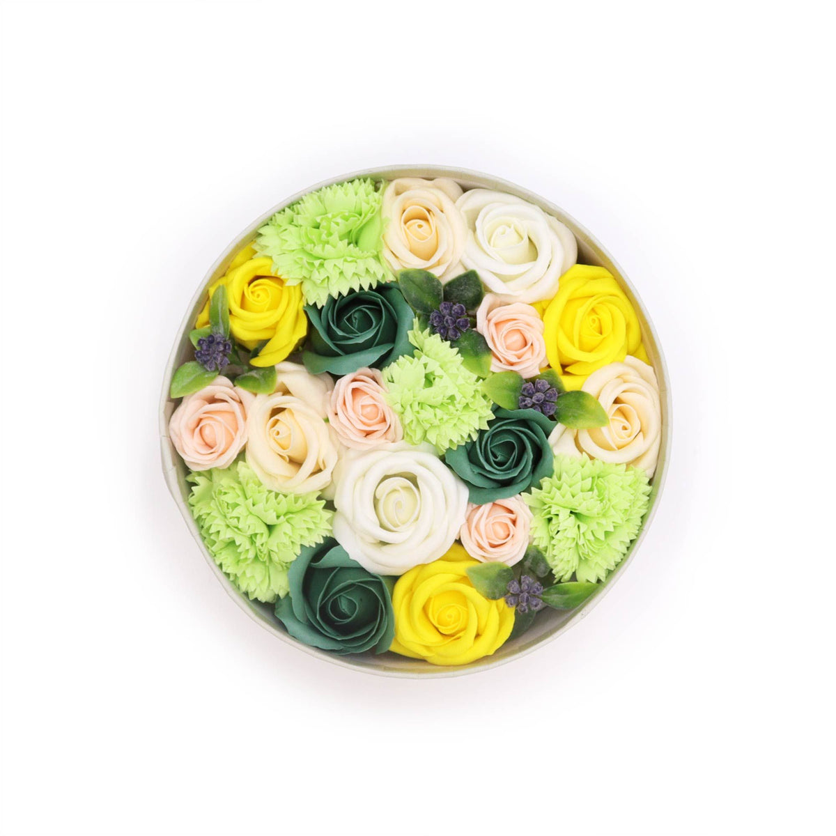 Spring Celebrations Soap Flower Round Gift Box | Yellow & Green | Luxury Floral Gift