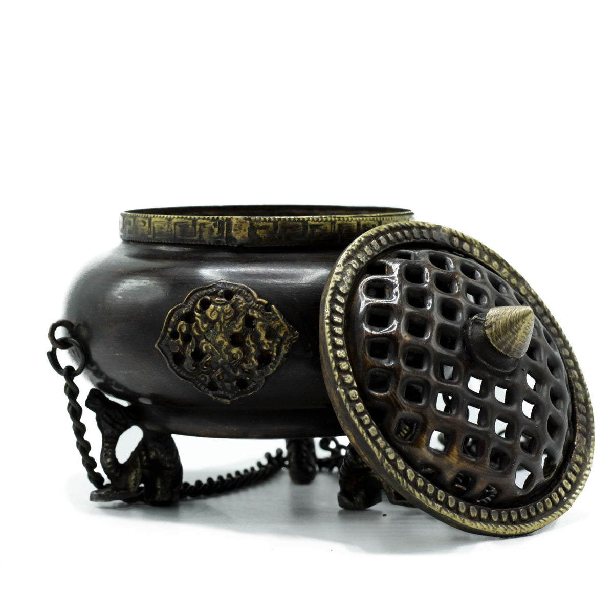 Large Brass Tibetan Four Symbol Hanging Pot Burner | Incense & Resin | Spiritual Home Gift
