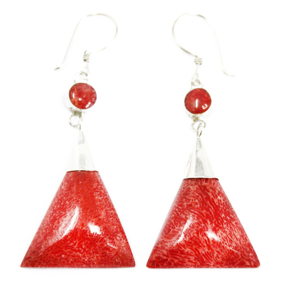 925 Silver Triangle Double Drop Earrings — Coral Resin | Handmade in Bali