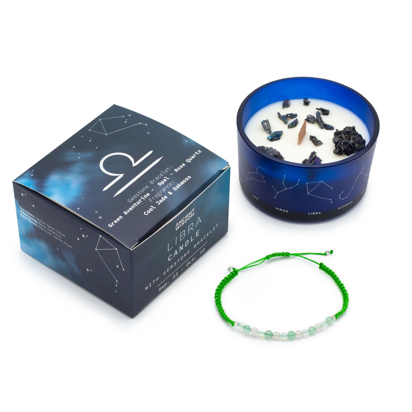Libra Zodiac Crystal Candle with Gemstone Bracelet | Star Sign Gift for Her