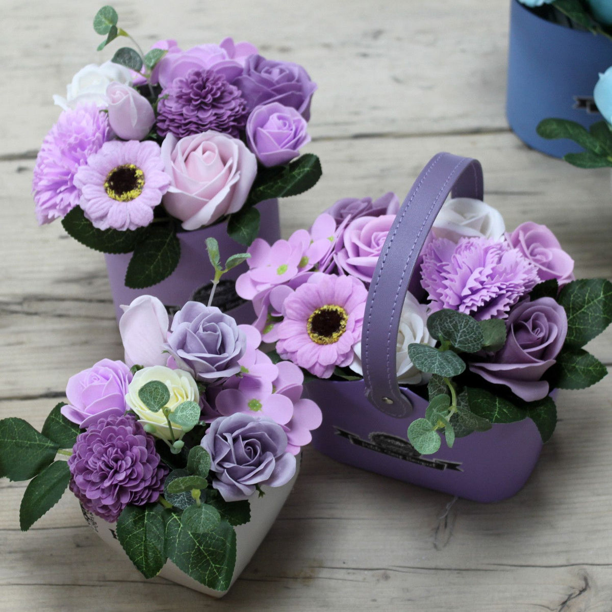 Soap Flower Bouquet Gift | Soft Lavender Basket | Bath Flowers | Roses, Hyacinth & Carnation