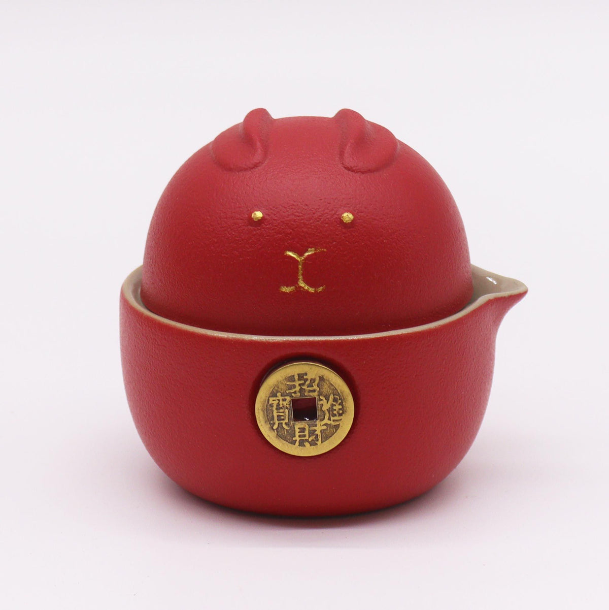 Lucky Cat Ceramic Tea Set — Teapot, 2 Cups & Travel Case | Red