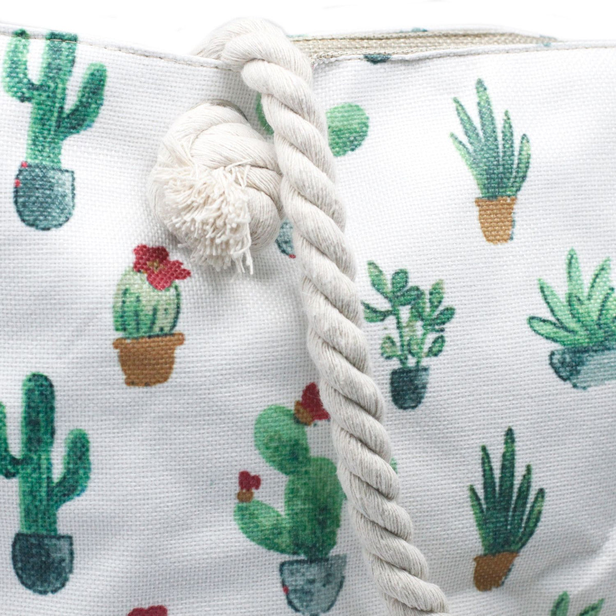 Rope Handle Tote Bag | Mini Cactus Print | Canvas Beach & Shoulder Bag