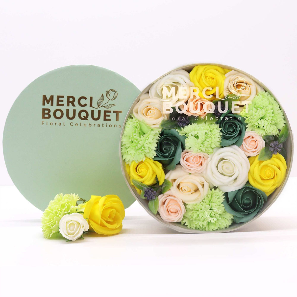 Spring Celebrations Soap Flower Round Gift Box | Yellow & Green | Luxury Floral Gift