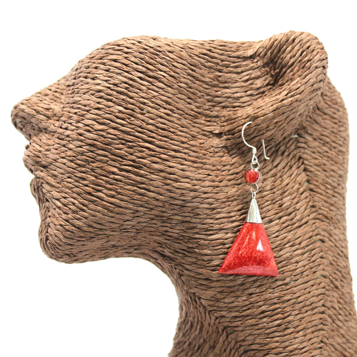 925 Silver Triangle Double Drop Earrings — Coral Resin | Handmade in Bali