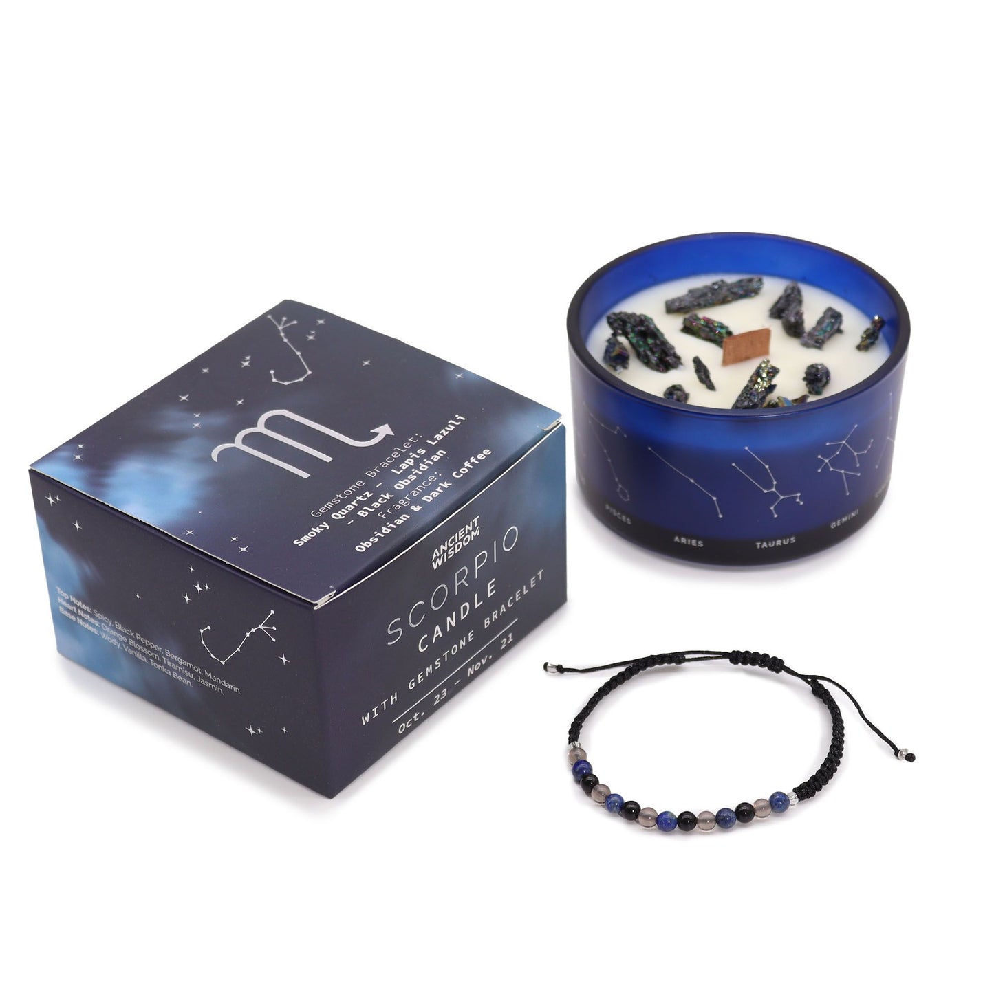 Scorpio Zodiac Crystal Candle with Gemstone Bracelet | Star Sign Gift for Her