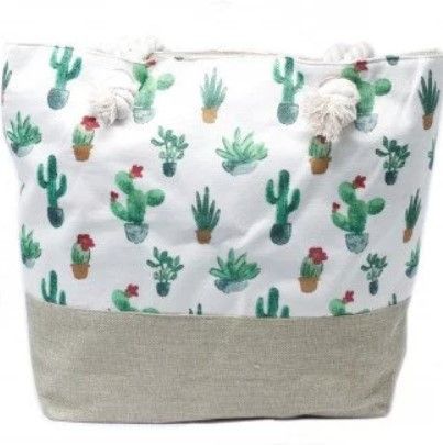 Rope Handle Tote Bag | Mini Cactus Print | Canvas Beach & Shoulder Bag