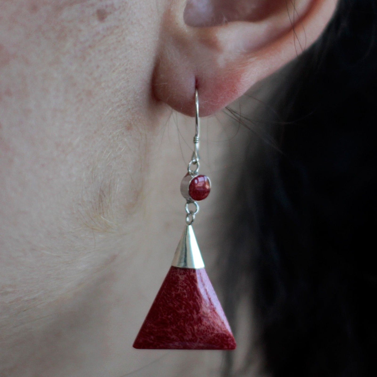 925 Silver Triangle Double Drop Earrings — Coral Resin | Handmade in Bali