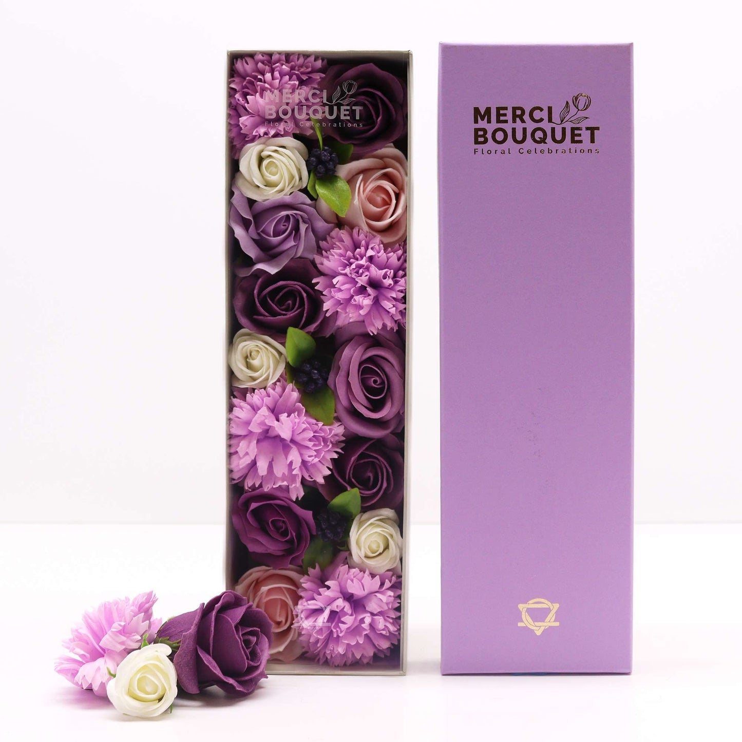 Lavender Rose & Carnation Soap Flower Long Gift Box | Luxury Floral Gift | Amber & Calm