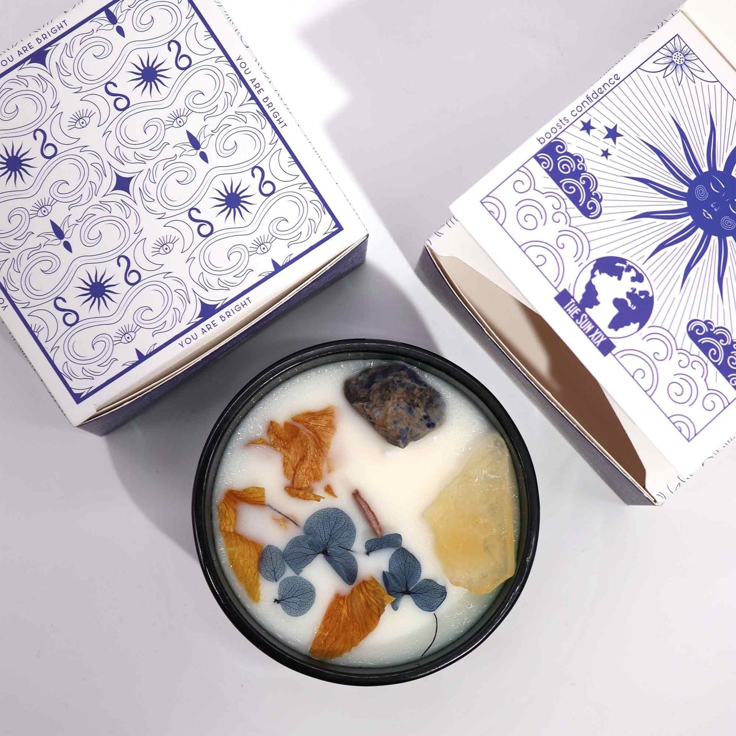 The Sun Crystal Magic Candle | Lemon Horizon | Citrine & Sodalite | Tarot Candle Positivity Gift