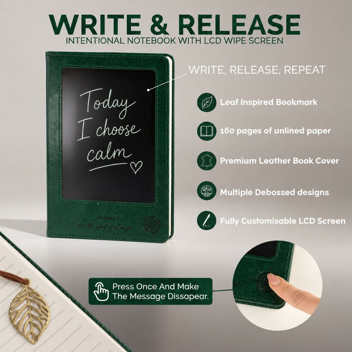 A5 Intention Notebook | LCD Wipe Screen & 80 Lined Pages | Green Leather Effect | Journaling Gift