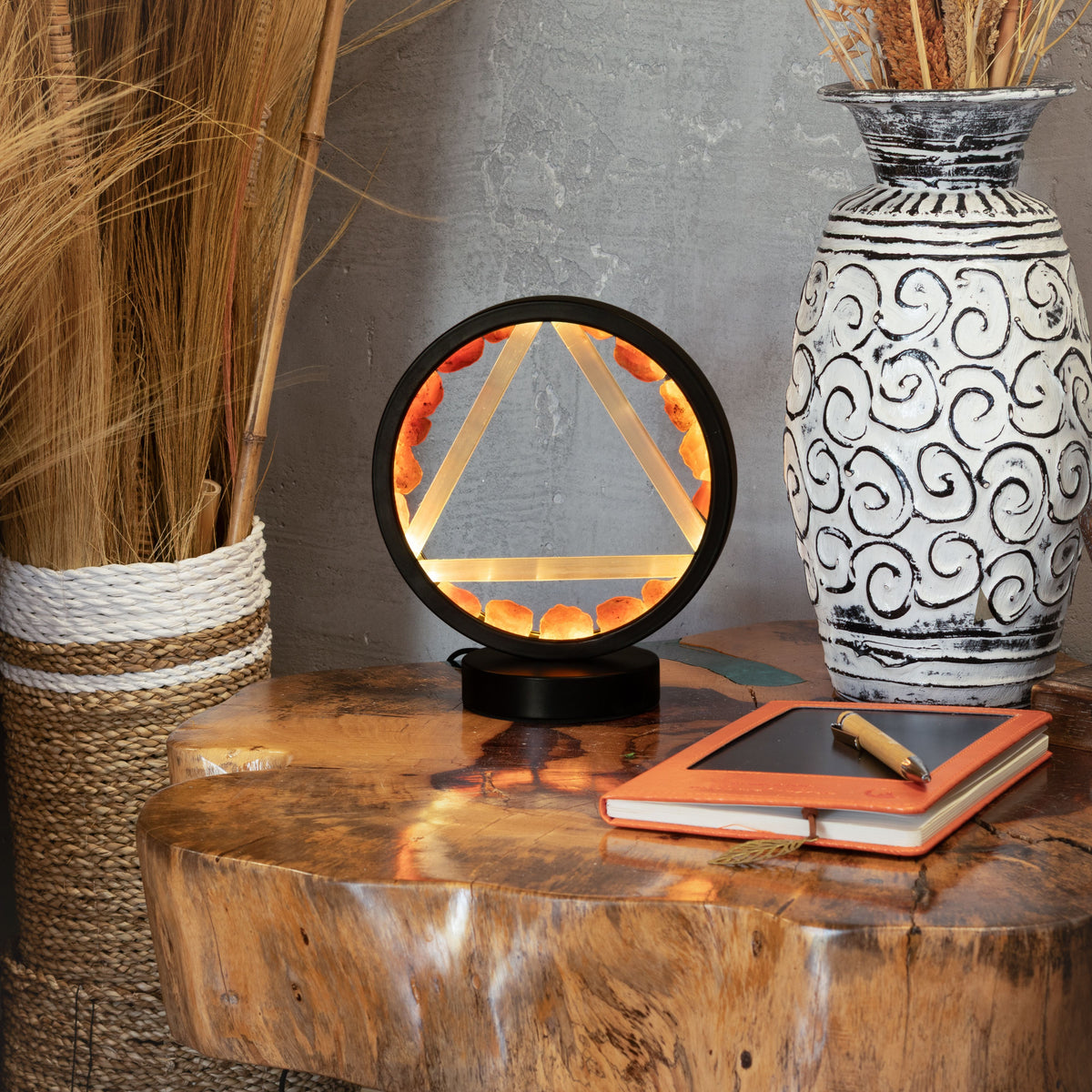 Fire Element Gemstone Halo Lamp | Carnelian & Selenite | Alchemical Symbol | USB | Zen Spirit