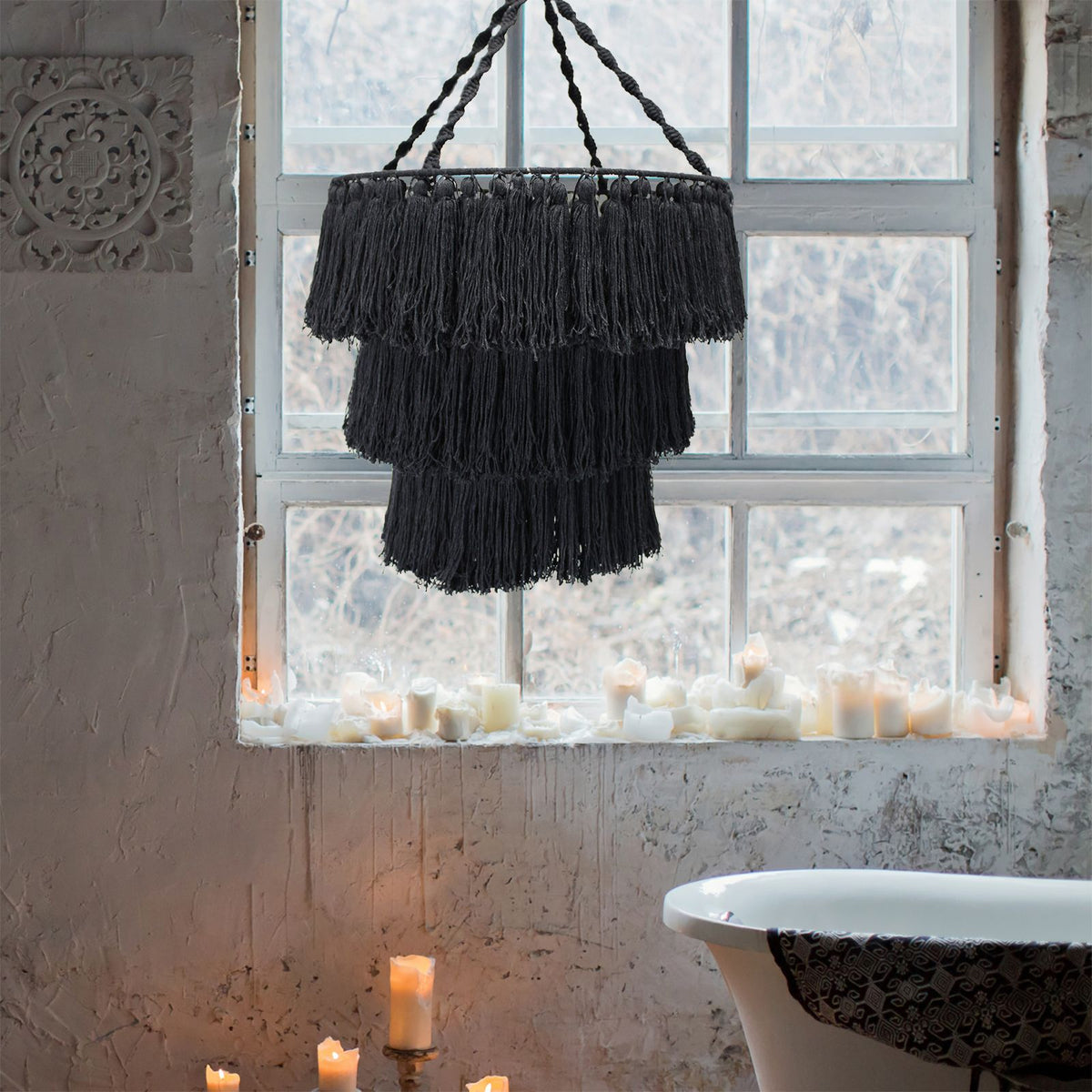 Black Macrame Soft Chandelier | Hand-Woven | Boho Pendant Light | Bohemian Home Decor