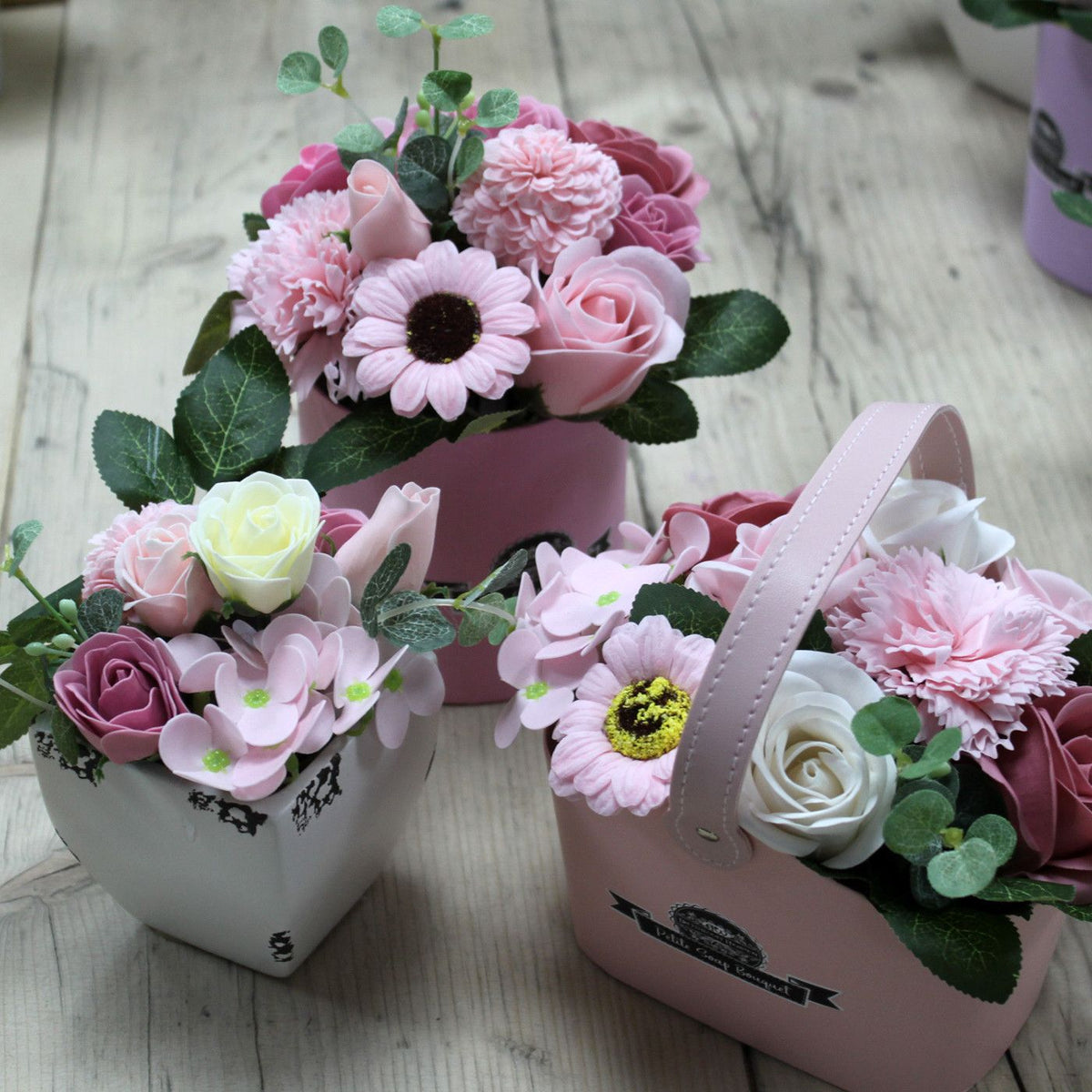 Soap Flower Bouquet Gift | Peaceful Pink Basket | Bath Flowers | Roses, Hyacinth & Carnation