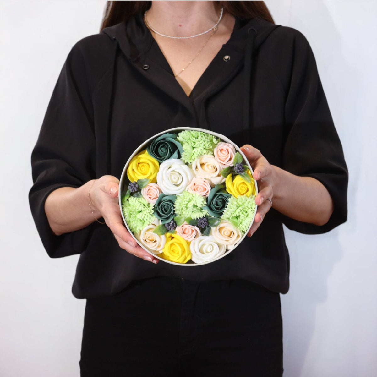 Spring Celebrations Soap Flower Round Gift Box | Yellow & Green | Luxury Floral Gift