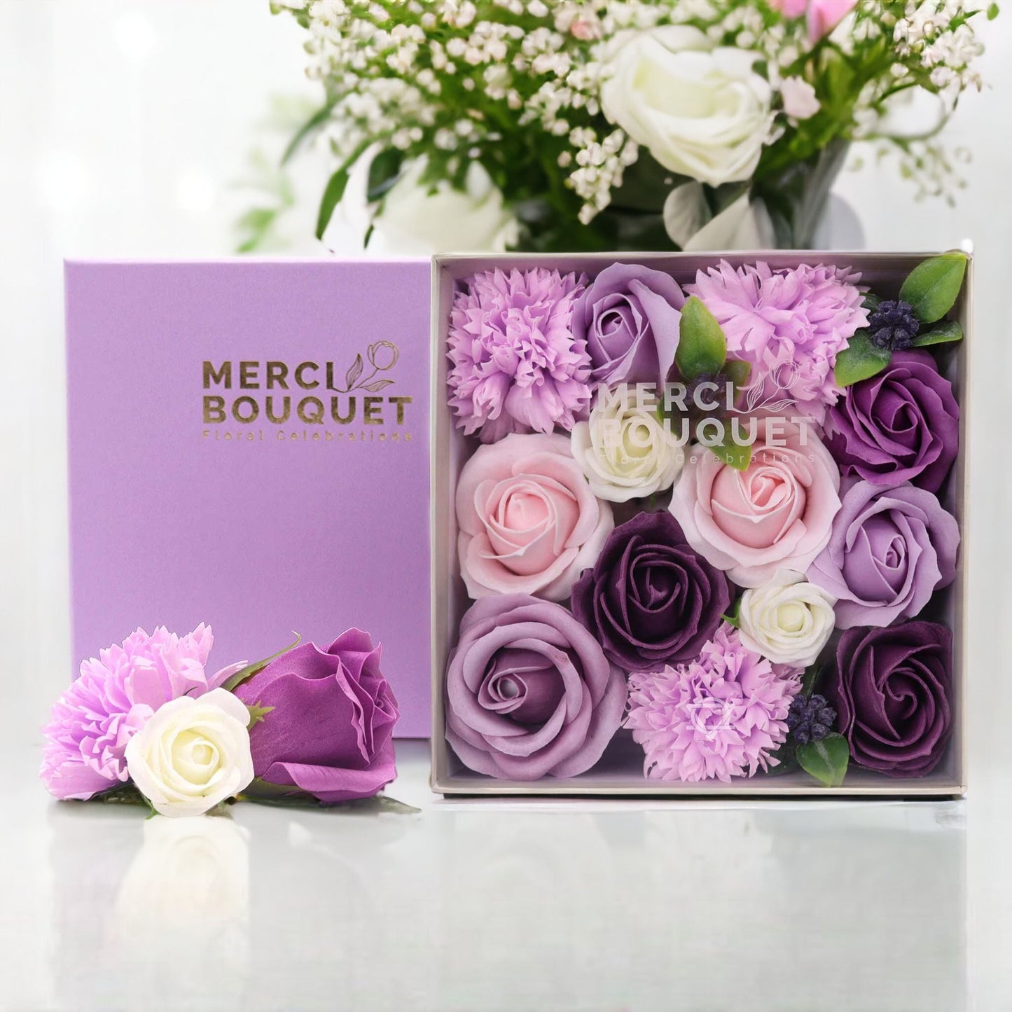 Lavender Rose & Carnation Square Gift Box | Floral Luxury Gift | Birthday & Mother's Day