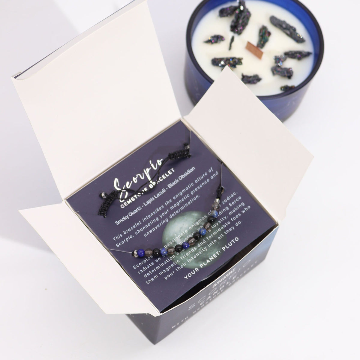Scorpio Zodiac Crystal Candle with Gemstone Bracelet | Star Sign Gift for Her
