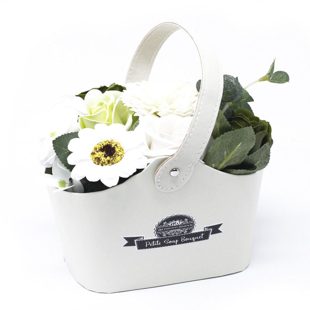 Soap Flower Bouquet Gift | Pastel Green Basket | Bath Flowers | Roses, Hyacinth & Carnation