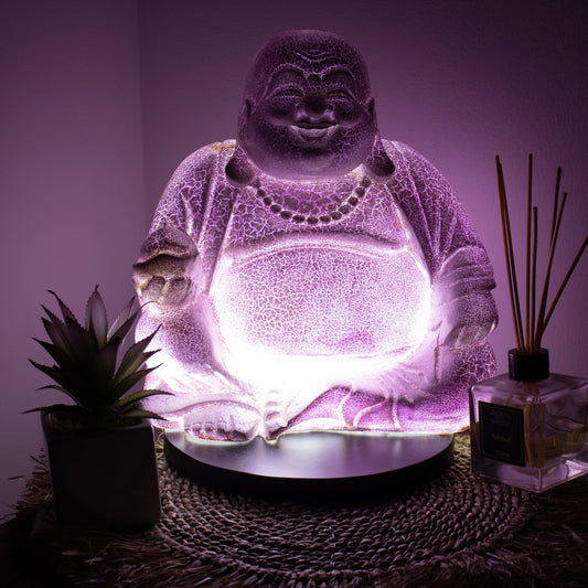 Laughing Buddha Lamp | Lavender Crackle | Round Stand | Artisan Wellness Home Gift