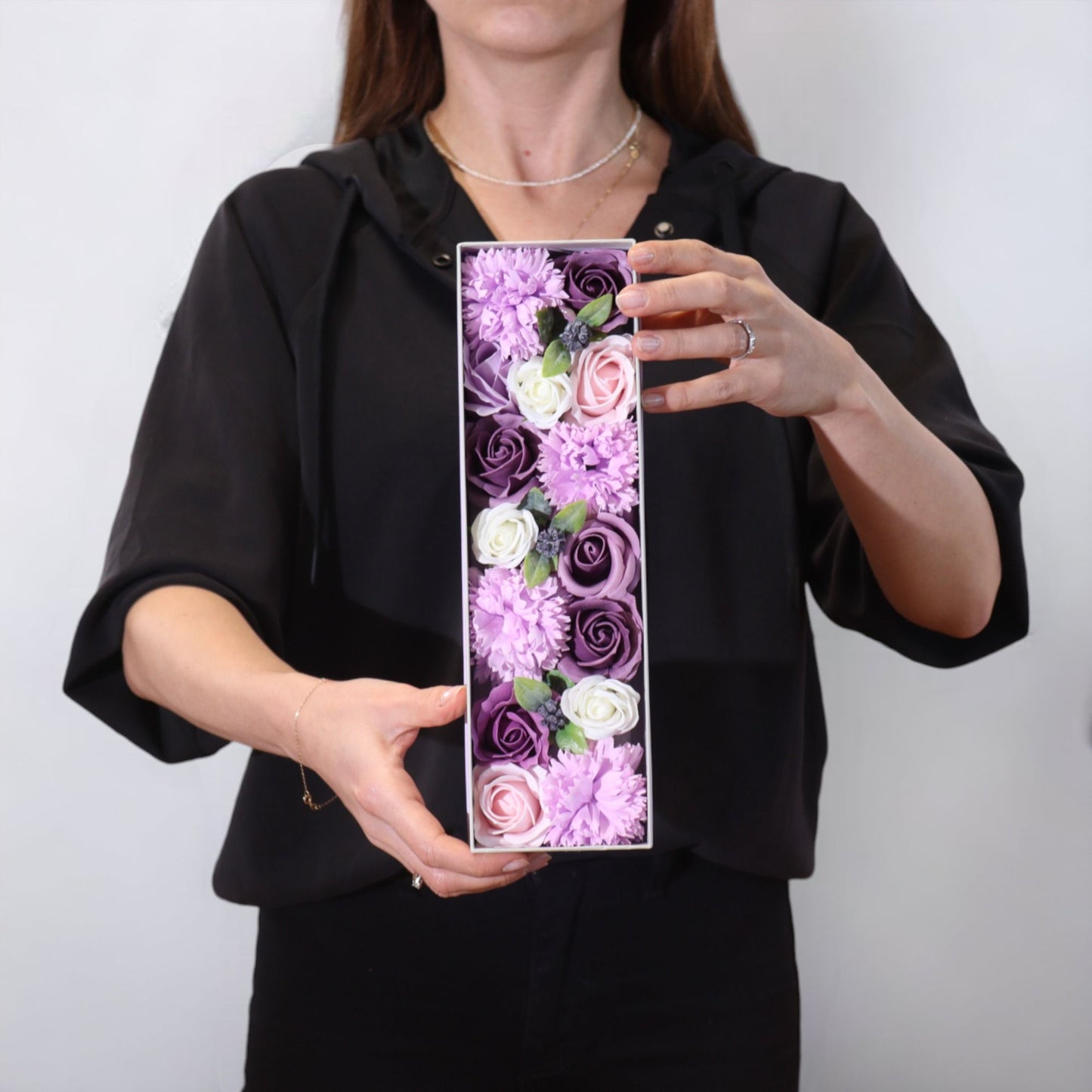 Lavender Rose & Carnation Soap Flower Long Gift Box | Luxury Floral Gift | Amber & Calm