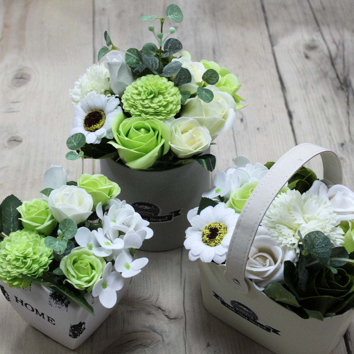 Soap Flower Bouquet Gift | Pastel Green Basket | Bath Flowers | Roses, Hyacinth & Carnation