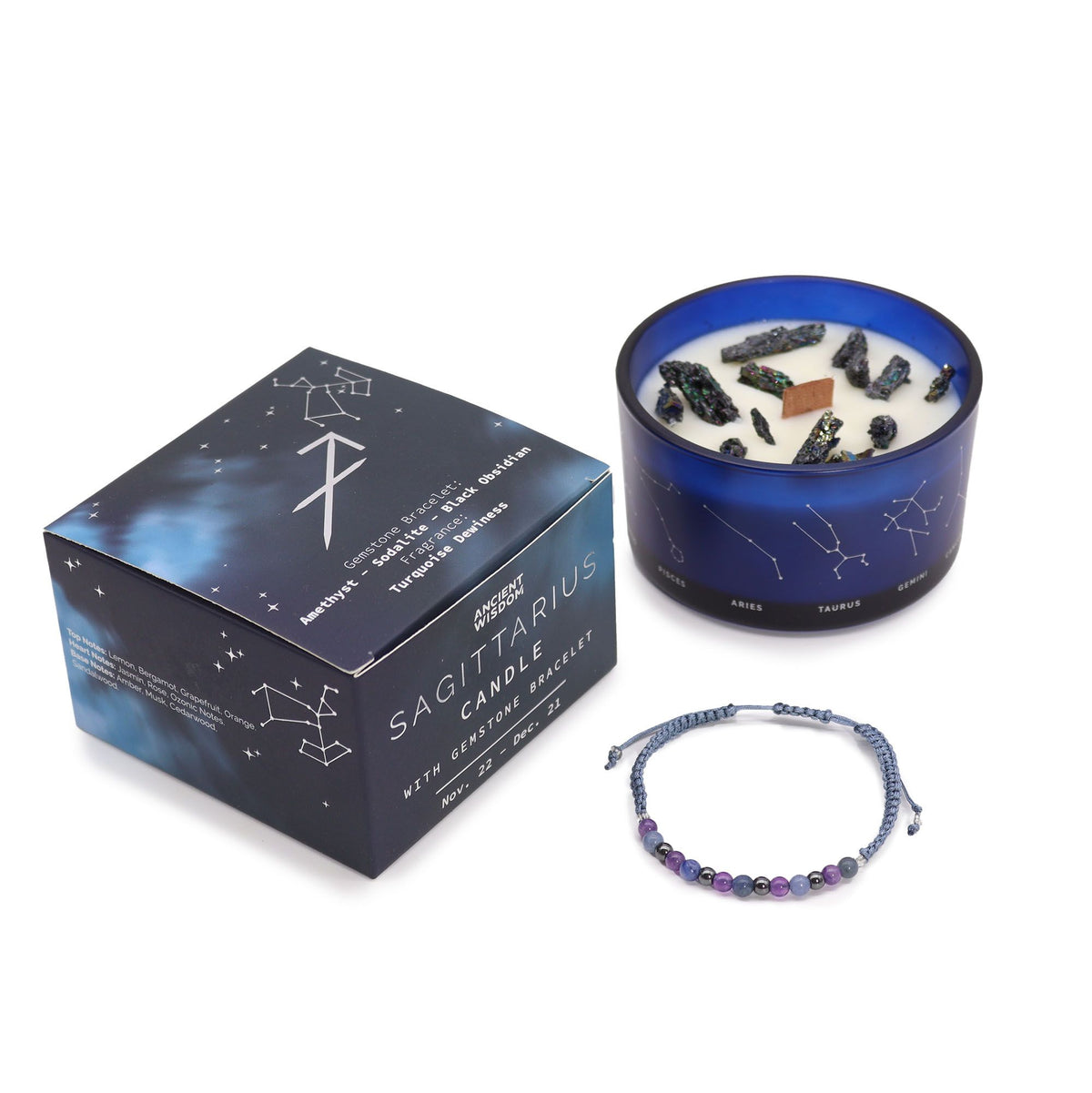 Sagittarius Zodiac Crystal Candle with Gemstone Bracelet | Star Sign Gift for Her