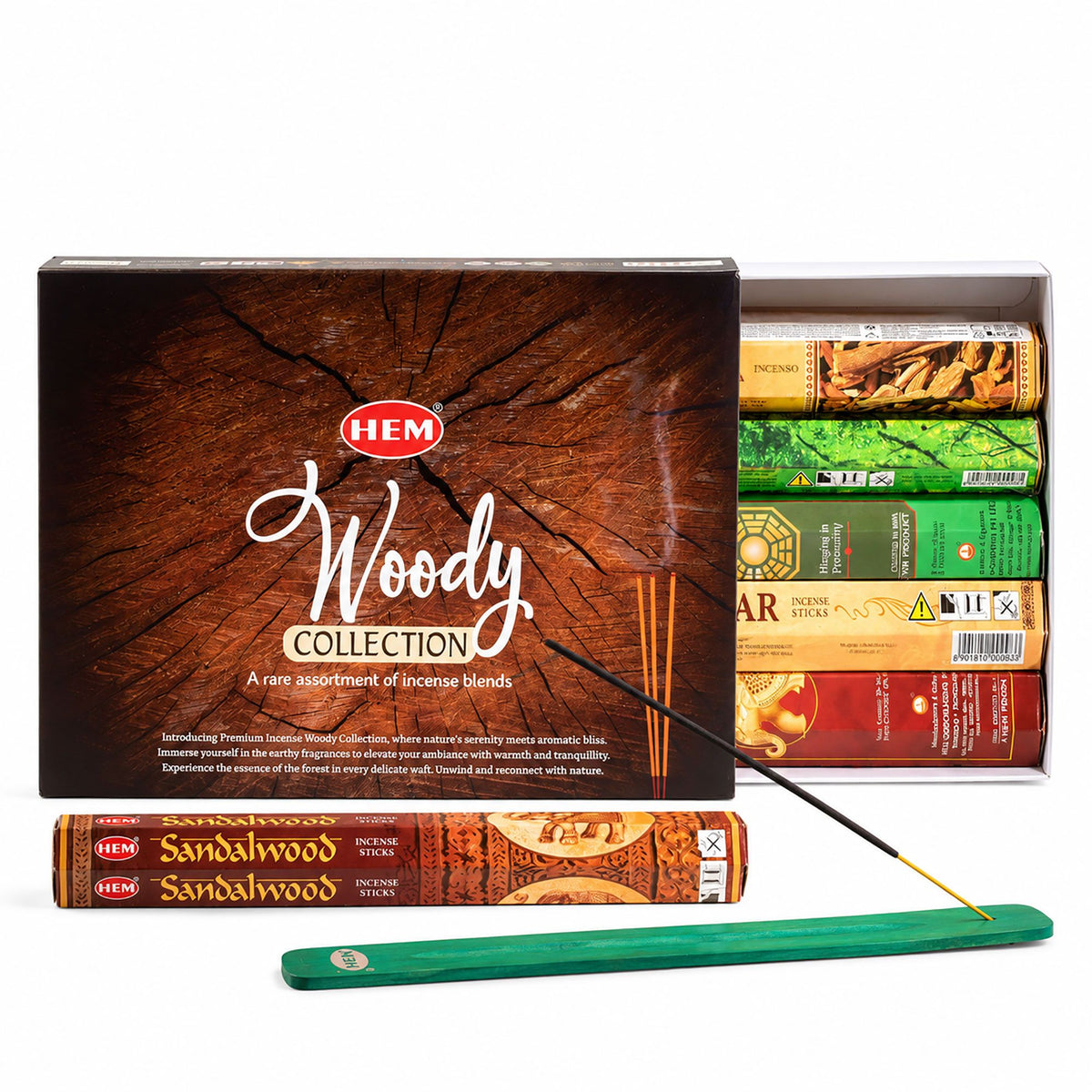 HEM Hexagonal Incense | Woody Collection | 6 Scents | 120 Sticks & Ash Catcher | Home Fragrance Gift