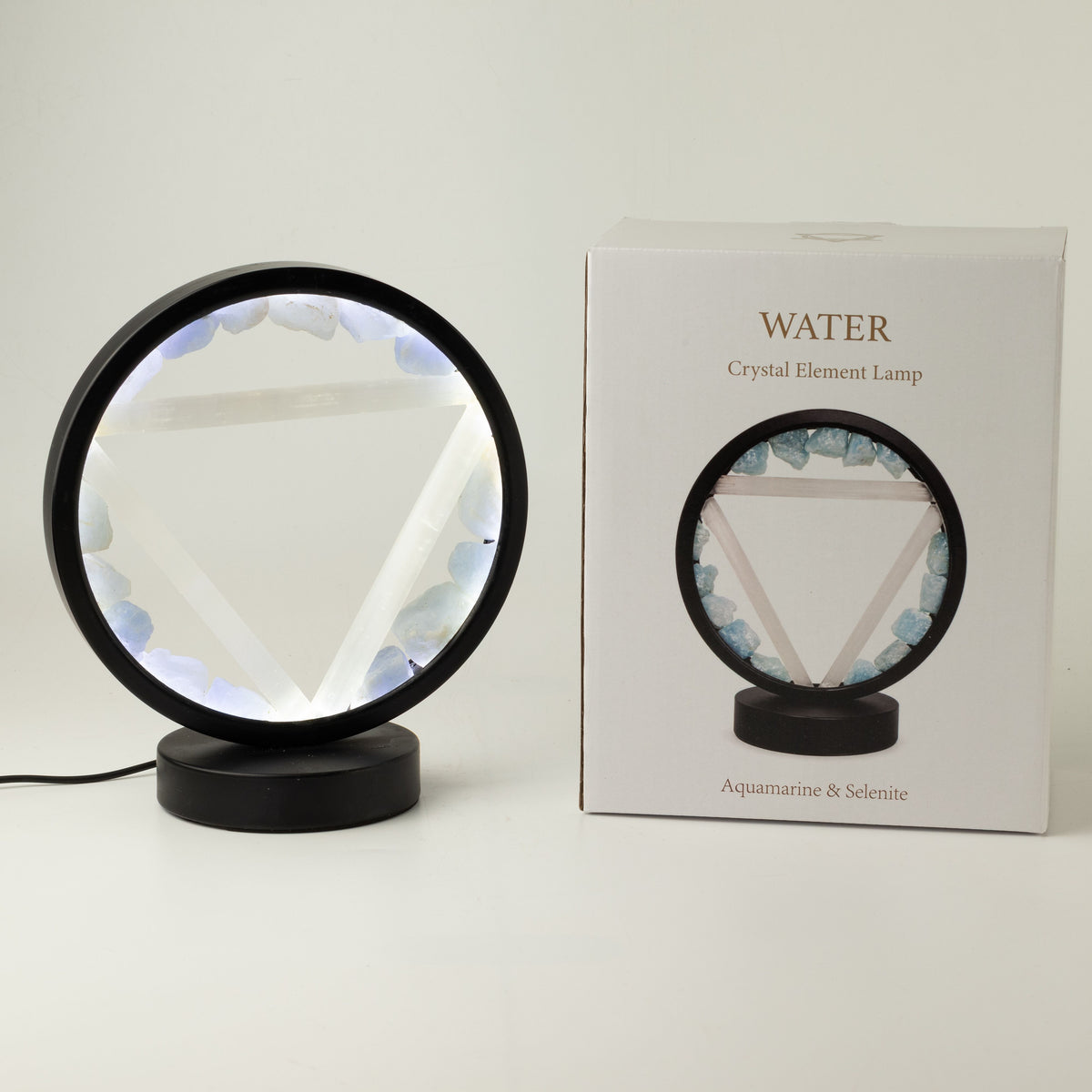 Water Element Gemstone Halo Lamp | Aquamarine & Selenite | Alchemical Symbol | USB | Zen Spirit