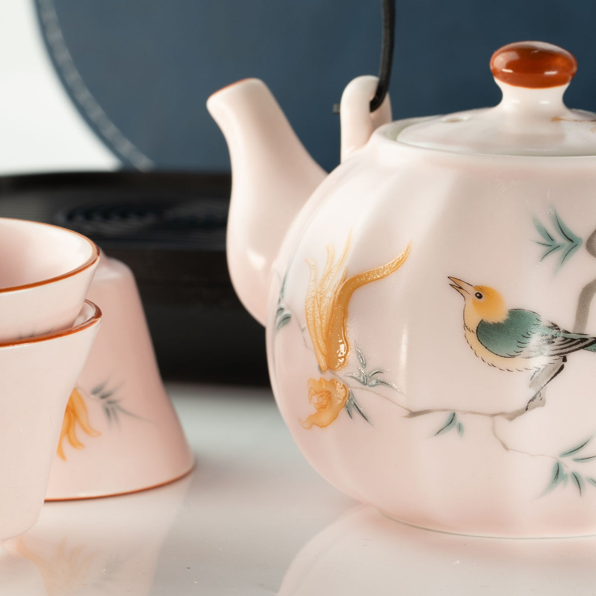 Pink Vintage Pumpkin Teapot Set & Four Cups | Ceramic Tea Set | Boho Gift for Her | Birthday Gift