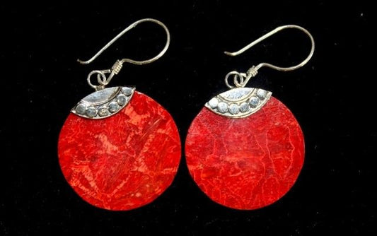 925 Silver Classic Disc Earrings — Coral Resin | Handmade in Bali